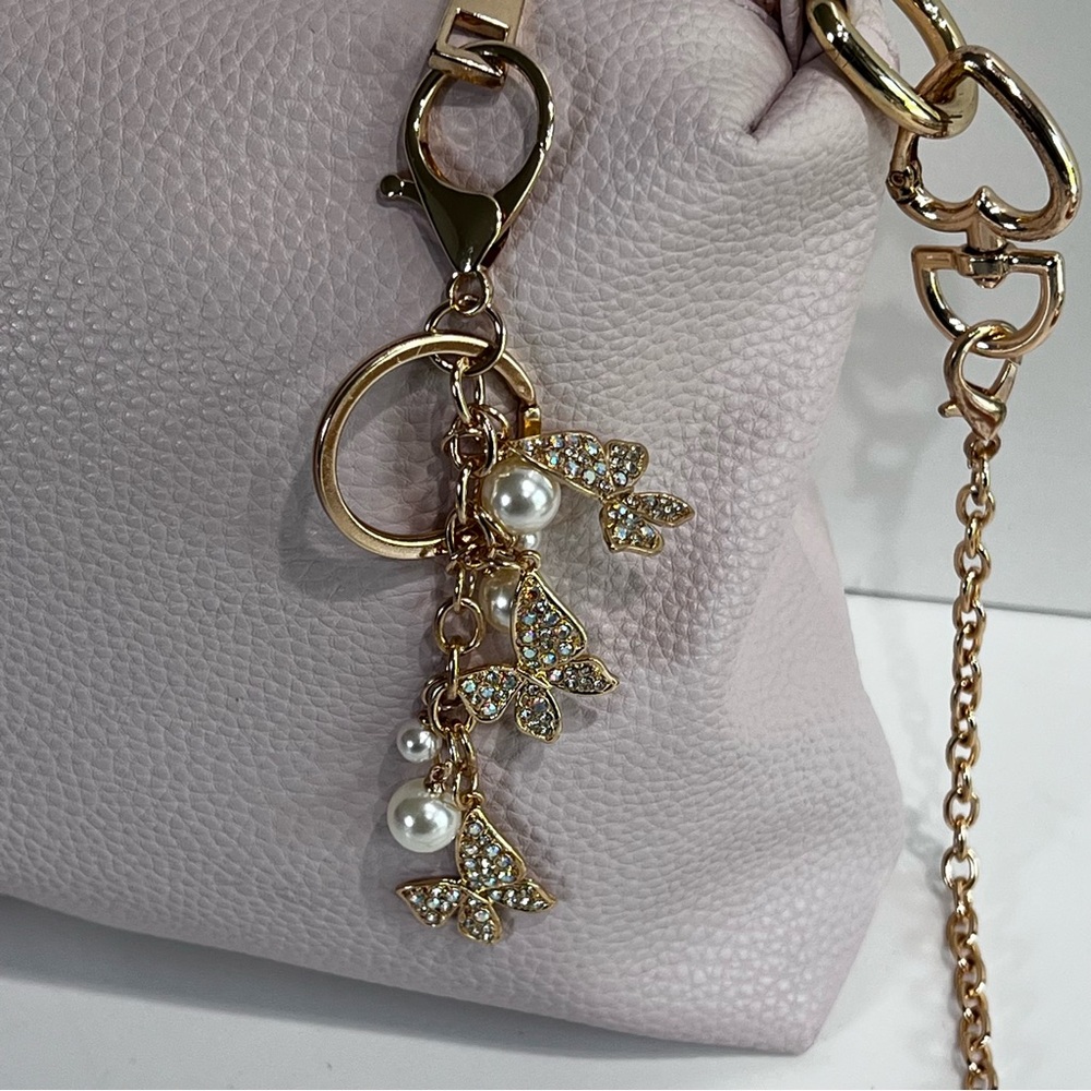 White Rhinestone Gold Butterfly Bag Charm Keychain Accessory